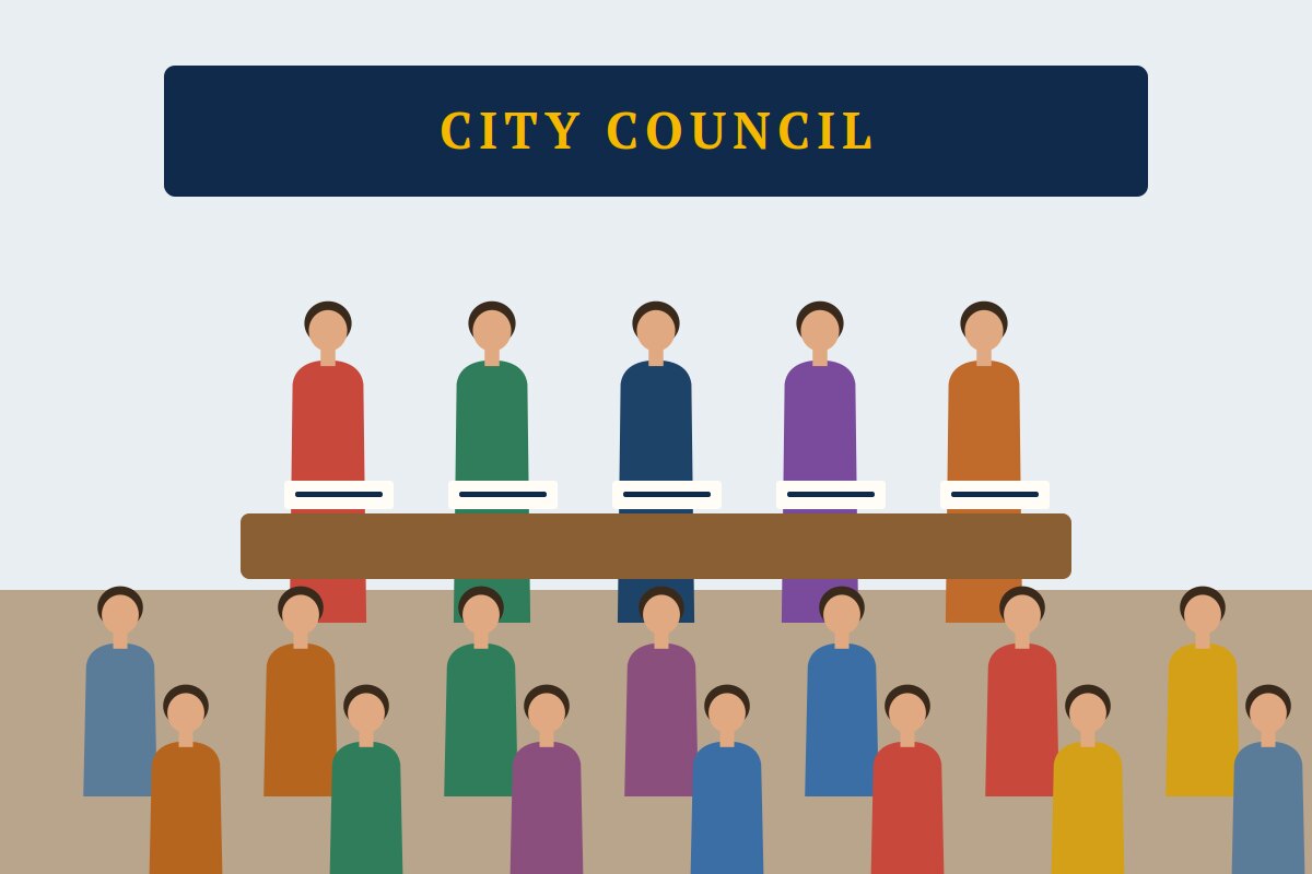 A city council seated at a table with the public in the audience