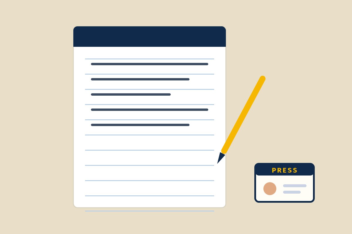 A reporter's notebook with a pen and a press badge
