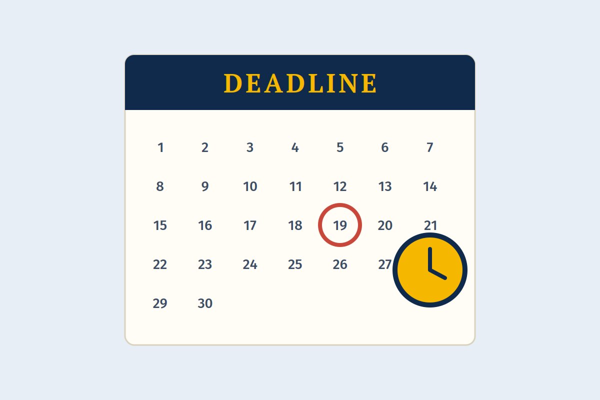 A calendar with a circled deadline and a clock