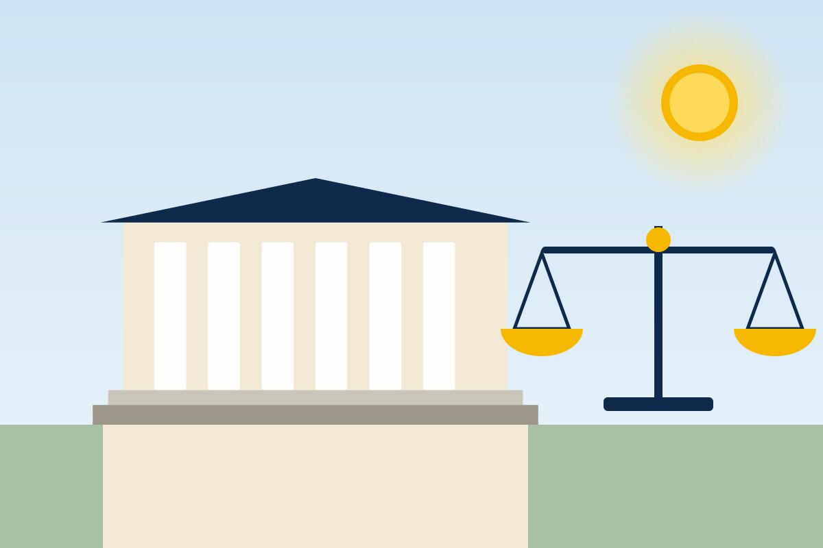 A courthouse with scales of justice